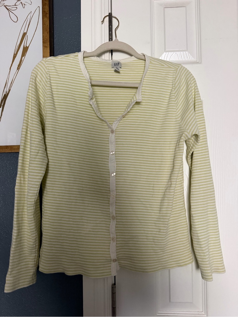 GAP Pale Green and White Striped Button Cardigan